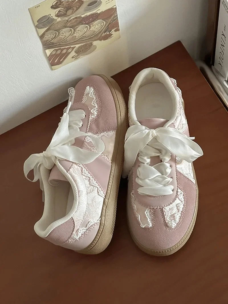 Cream French Lace Satin Ribbon Vintage Sneakers For Women