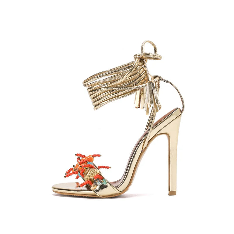 Open Toe High Heel Tassel Ankle Strap Sandals for Women