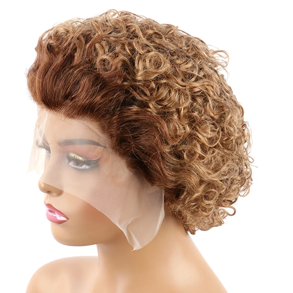 Ginger Pixie Cut Wigs Human Hair Short Curly Lace Front Human Hair Wigs Colored Water Wave Bob Wig 13x1 Transparent Lace Wigs