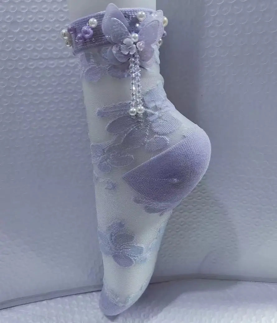 Elegant Crystal Beaded Tassel Pearl Socks for Women