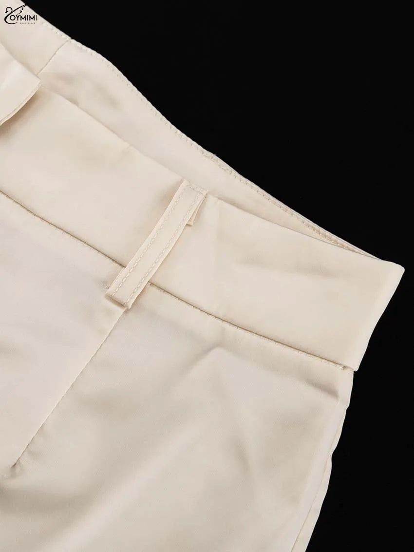 Oymimi Elegant Apricot 2 Piece Sets Women Outfit Fashion Long Sleeve Lace-Up Shirts And High Waist Straight Simple Trousers Sets