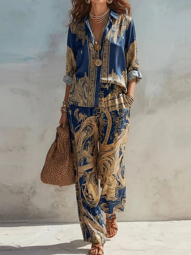 Loose Printed Shirt And Wide Leg Pants Set for Women