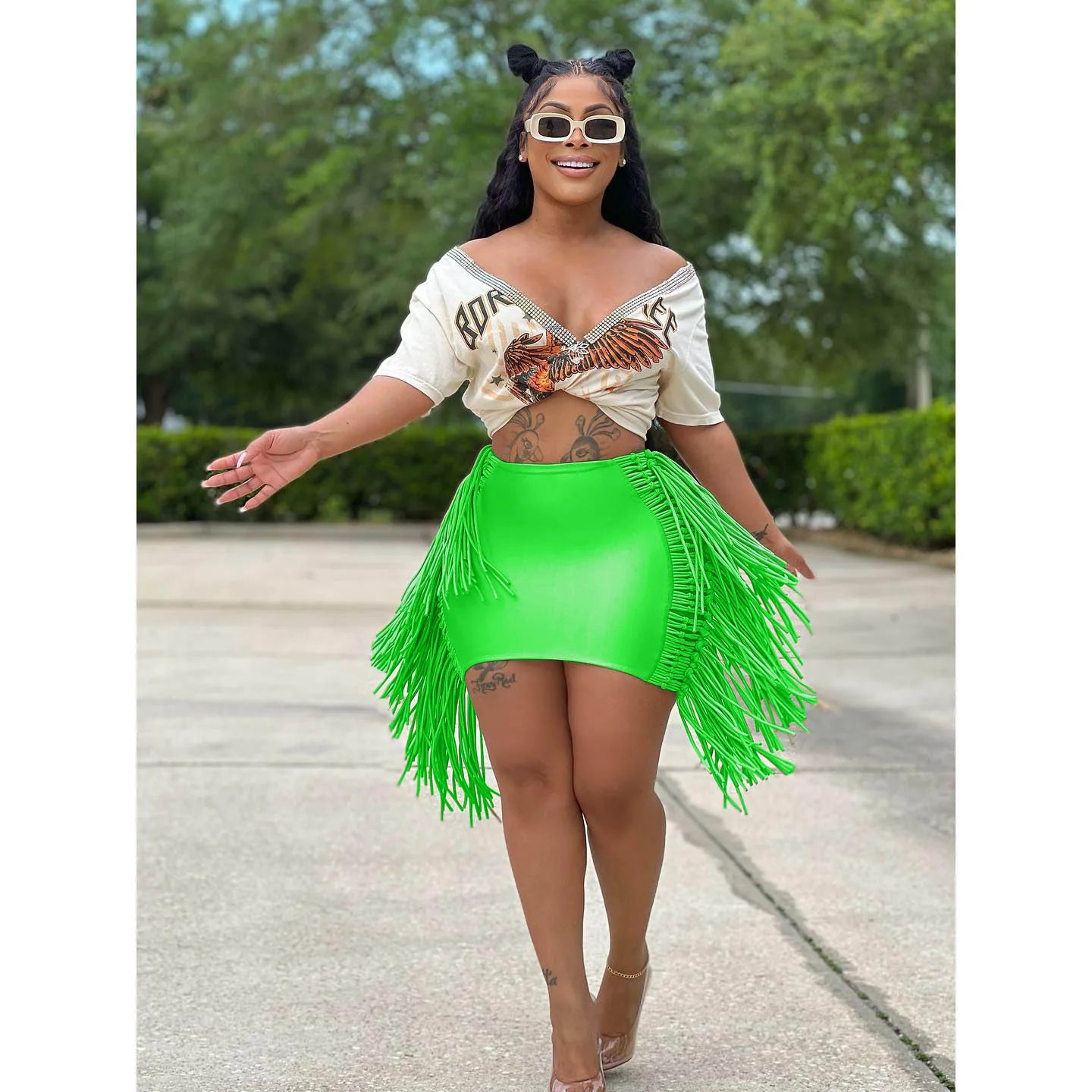 FAGADOER Sexy Tassel Bodycon Mini Skirts Party Club Outfits Women Fashion Chic Streetwear Short Birthday Holidays Skirt Solid