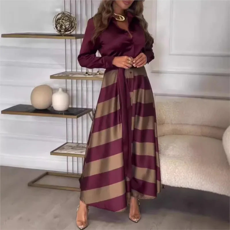 Women's Fashion Spring Autumn Satin Long Dress Casual Long Sleeved Lace Up Turn-down Collar Skirts Vintage Pattern Printed Dress