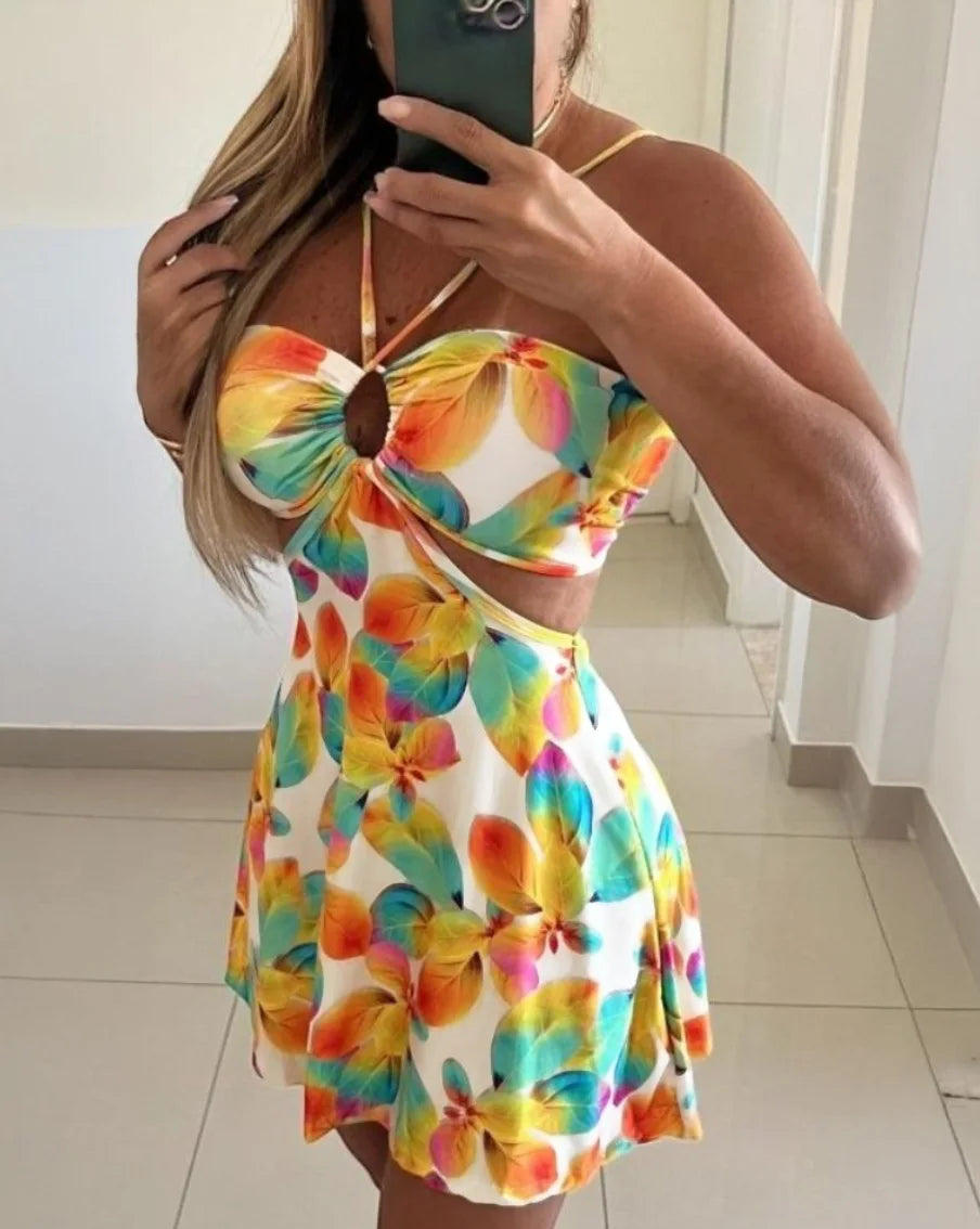 Halter Neck Cutout Boho Print Mini Dress for Women