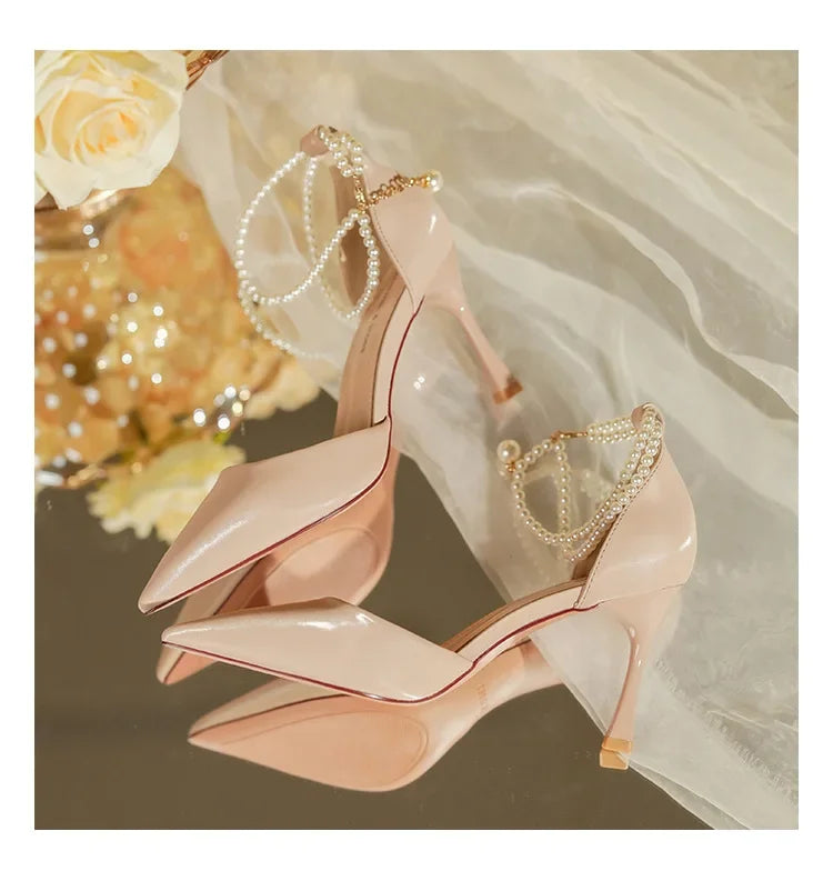 Pearl Stiletto Bow Ankle Pumps