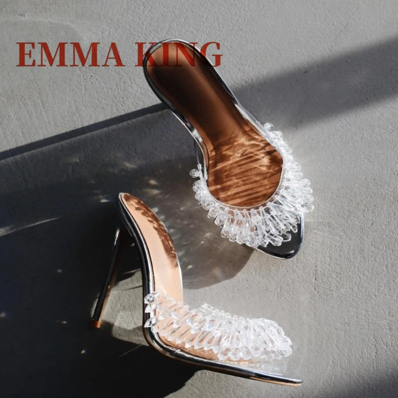 Clear PVC High Heel Beaded Open Toe Mules for Women
