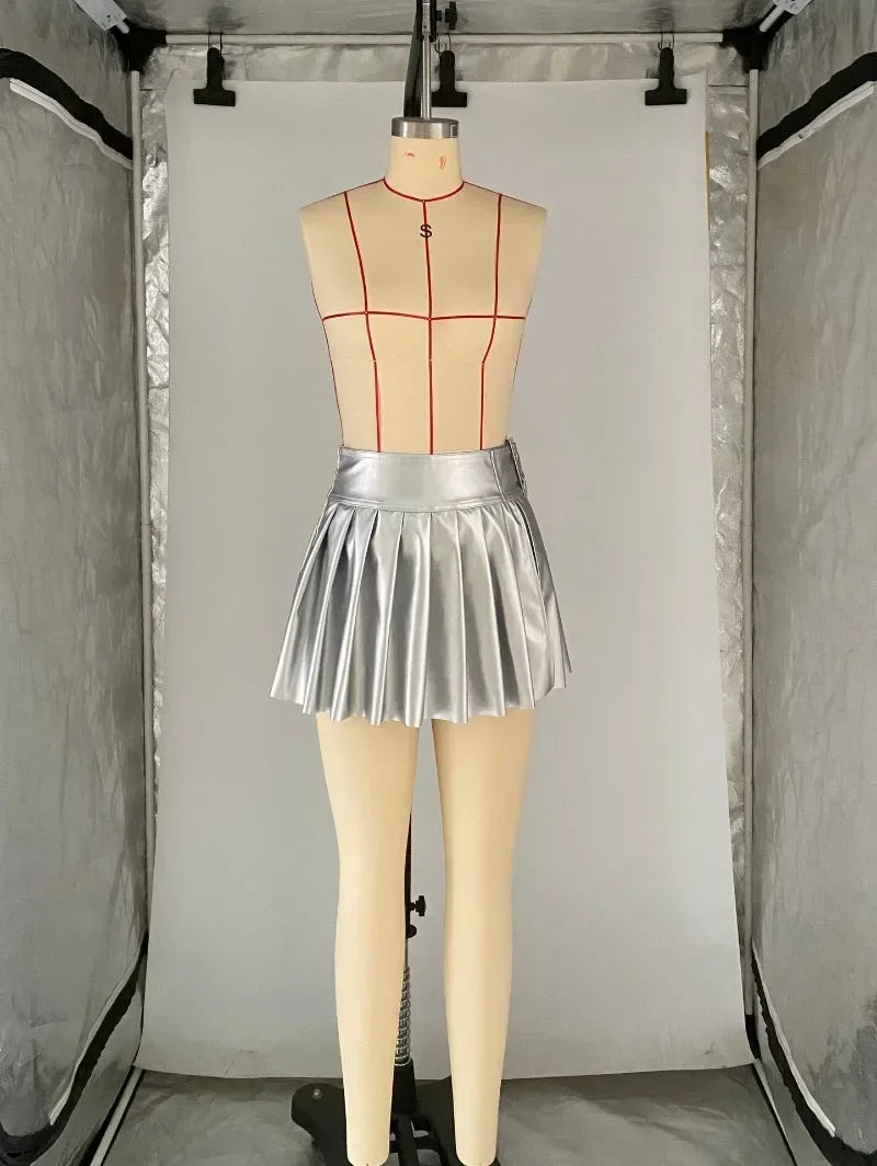 Silver Faux Leather Pleated Mini Skirt With Buckle Belt for Women