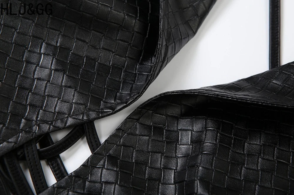 Sleek Black Leather Sleeveless Backless Two Piece Set for Women