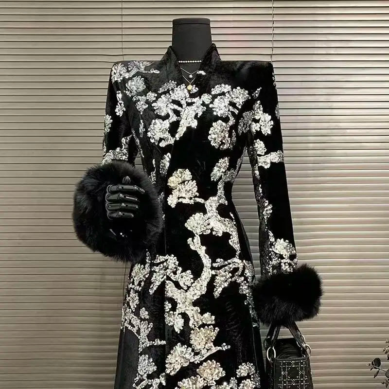 Black Velvet Sequins Windbreaker Coat Autumn/Winter New English style Luxury Sequin Embroidered Women's Coat