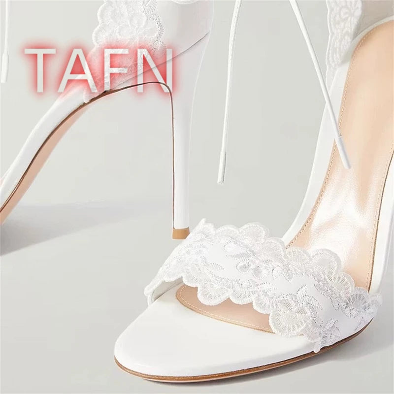 White Bridal Lace Up Open Toe Heeled Sandals for Women