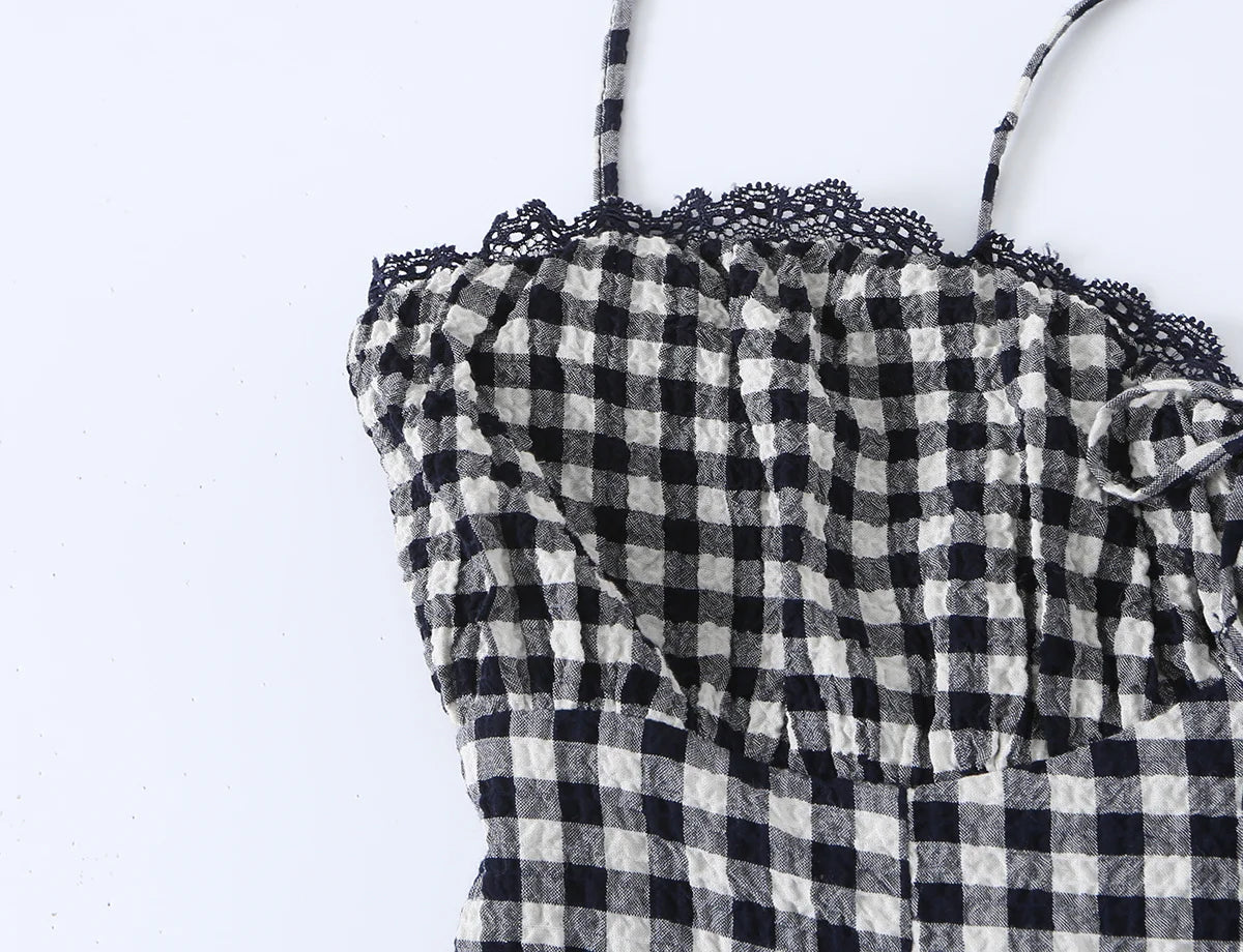 Gingham Lace Trim Spaghetti Strap Midi Dress for Women
