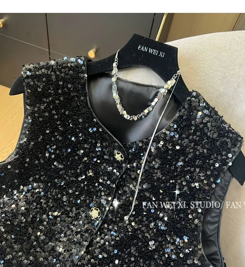Elegant Retro Chinese Style Sequined Knit Vest for Women