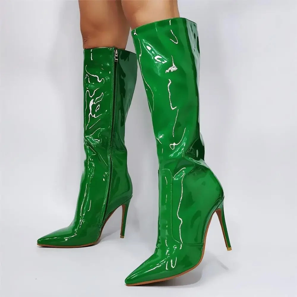 Real Photo Woman Green High Heel Pointed Toe Knee High Boots Woman Pointed Toe Green Knee Long Boots High Heel Boots