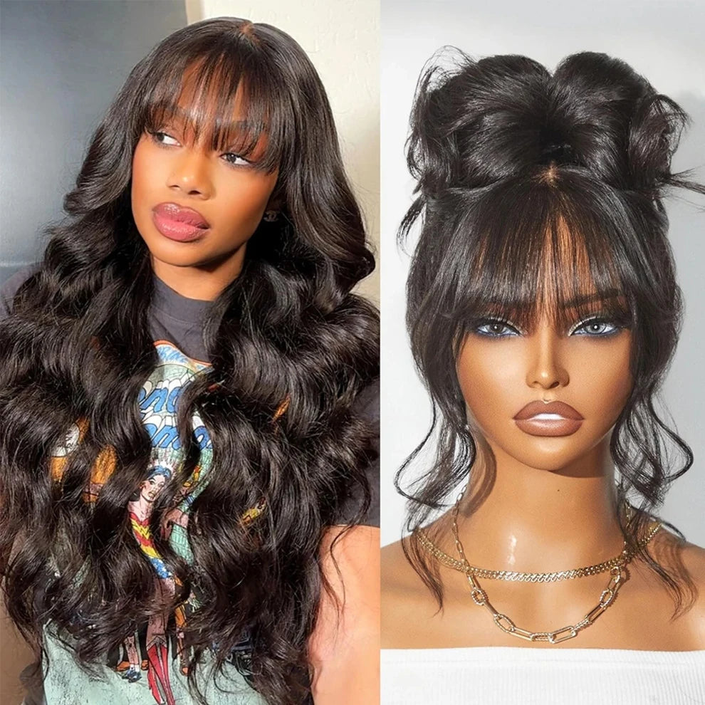 Long Body Wave Glueless Human Hair Wig With Bangs for Women