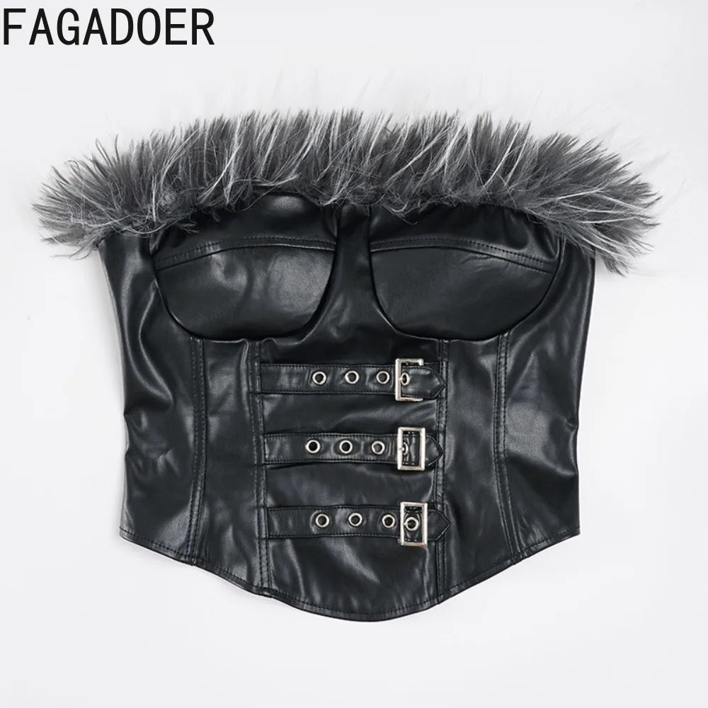 FAGADOER Punk Gothic Sexy Fur Leather Patchwork 2 Pieces Set for Woman Sleeveless Backless Tops and Bubble Puff Skirt Streetwear