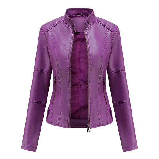 Women Leather Jacket 2025 Spring Autumn Black PU Leather Coat Stand-up Collar Motor Biker Jacket