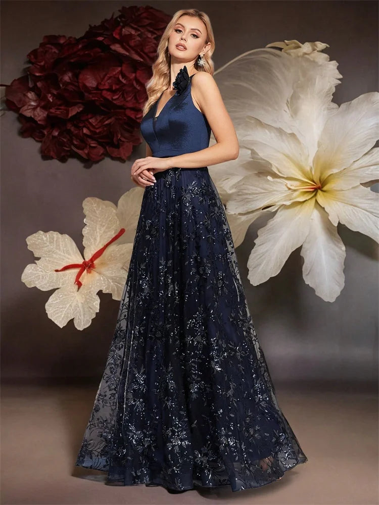 Elegant V-Neck Gold Floral Evening Dress Long 2024 Luxury Women Chiffon Sleevesless Party Dress Prom Cocktail Dress