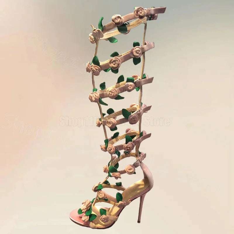 Pink Floral Hollow Buckle Strap Heeled Boots for Women