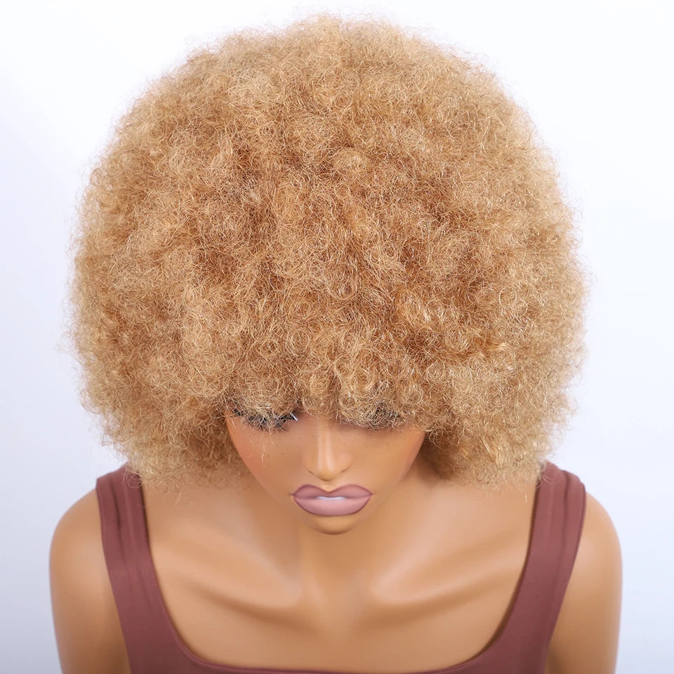Human Hair Afro Kinky Curly Bob Wig with Glueless Cap for Women