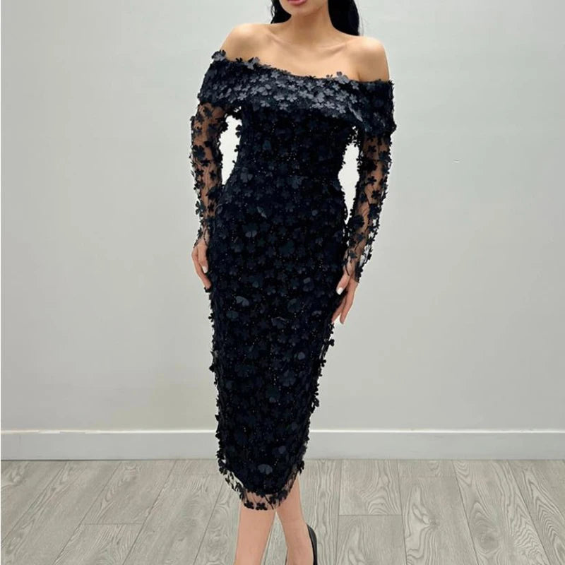 Floral Mesh Off Shoulder Slim Fit Party Long Dress for Women