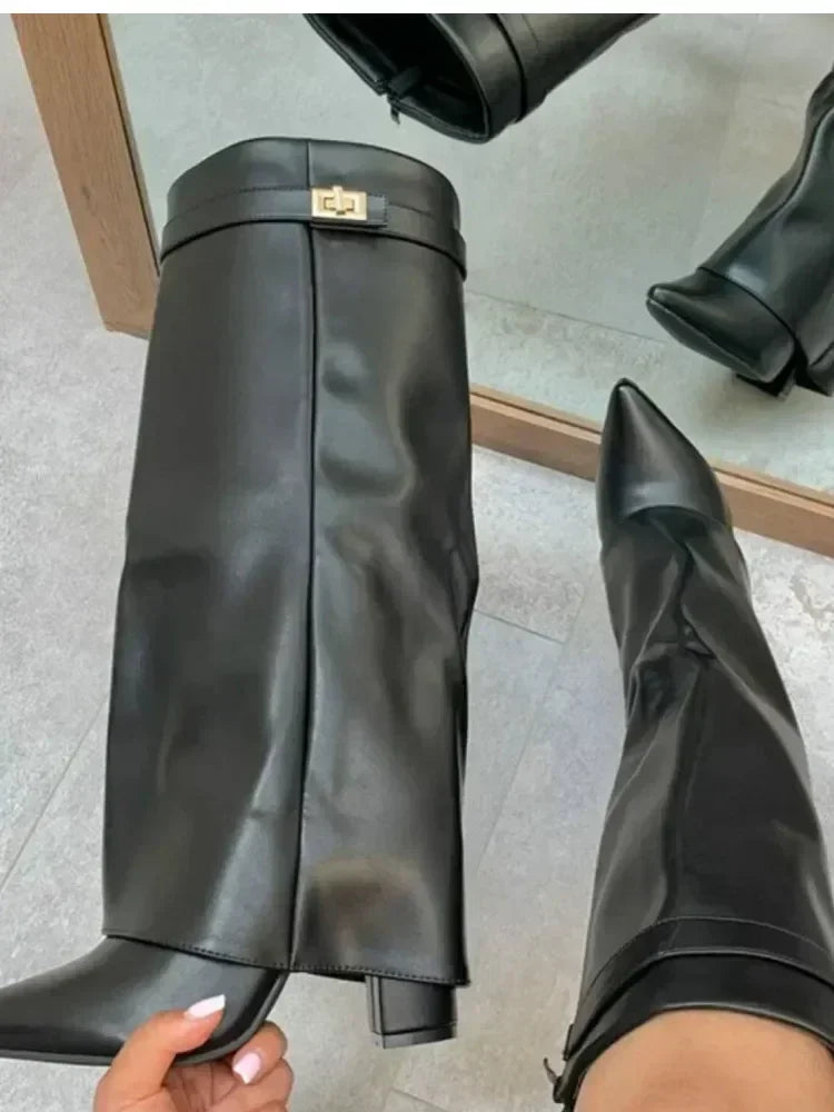 Pointed Toe Thick High Heel Mid Calf Boots for Women