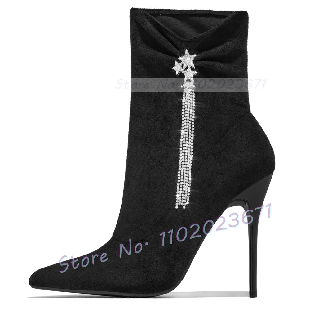 Pink Crystal Rhinestone Fringe High Heel Ankle Boots for Women