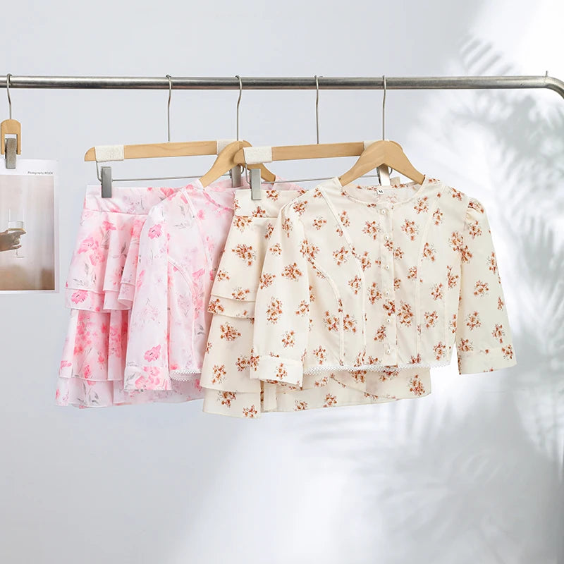 Floral Print Slim Top and Ruffle Skirt Set for Women