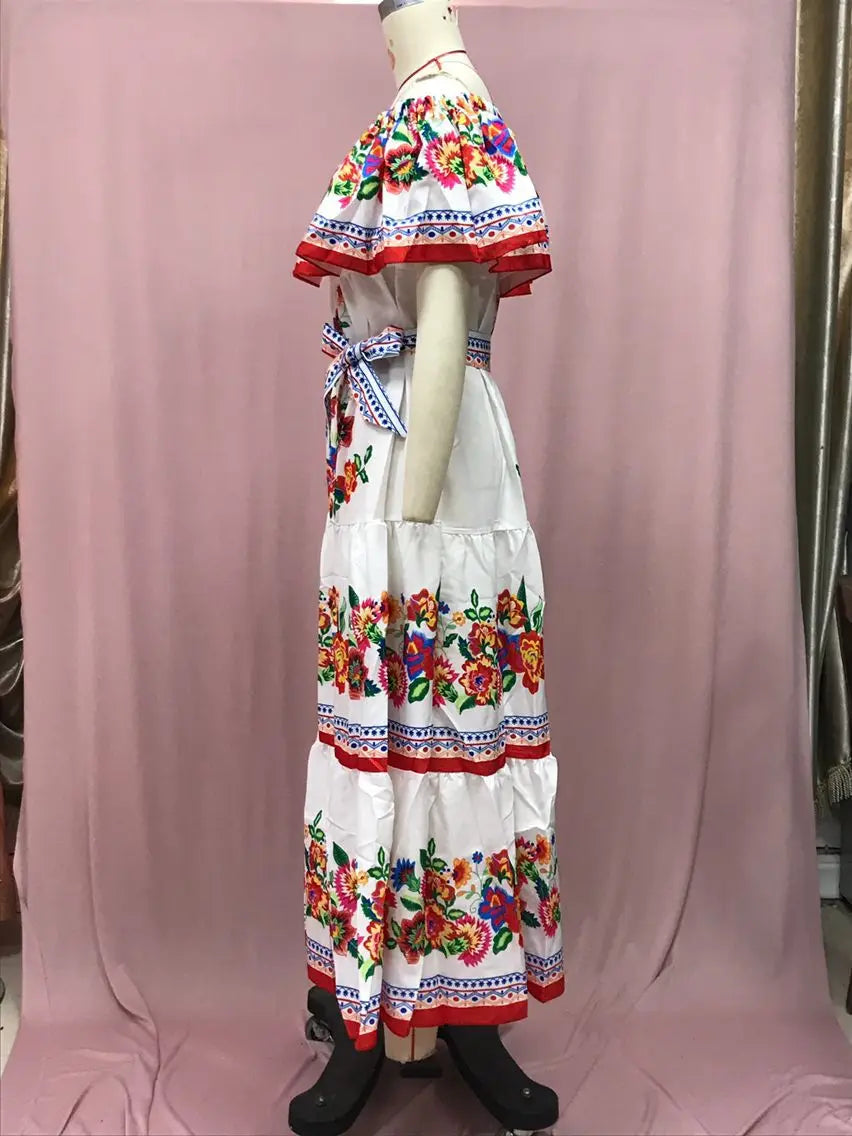 Floral Print Off Shoulder High Waist Dress for Women