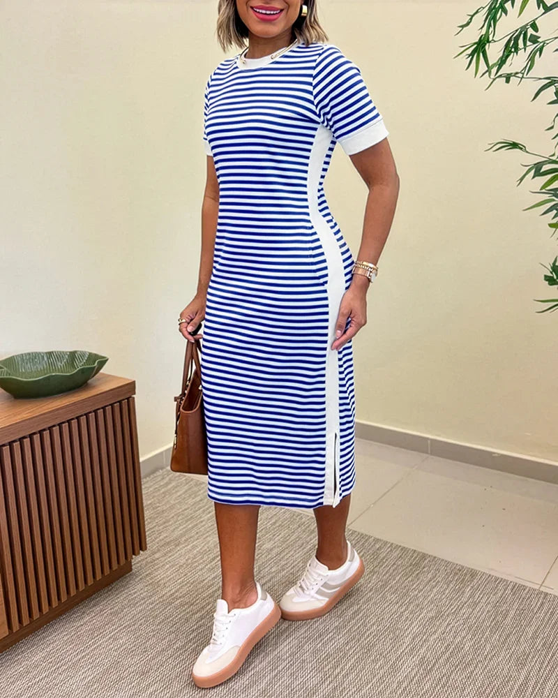 Striped Color Block Midi T-Shirt Dress With Cinched Waist for Women