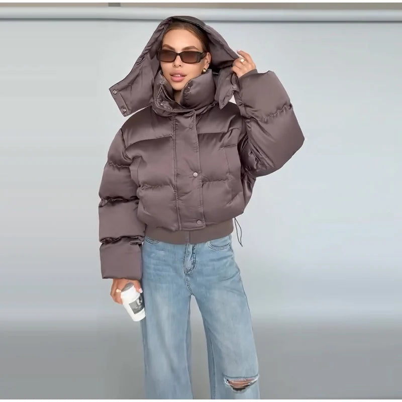 Detachable Hood Cropped Padded Winter Jacket for Women