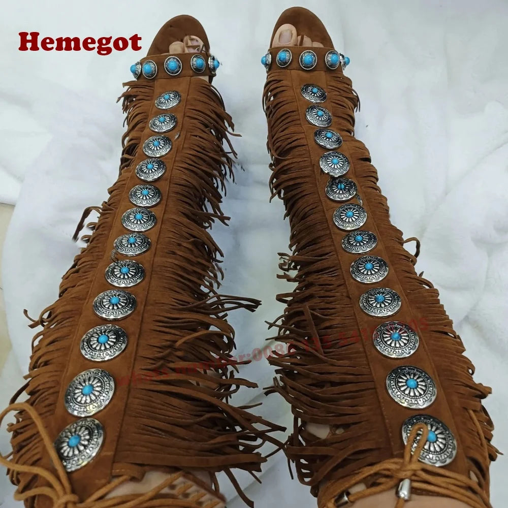 Gemstone Tassel Lace Up Open Toe Sandals for Women