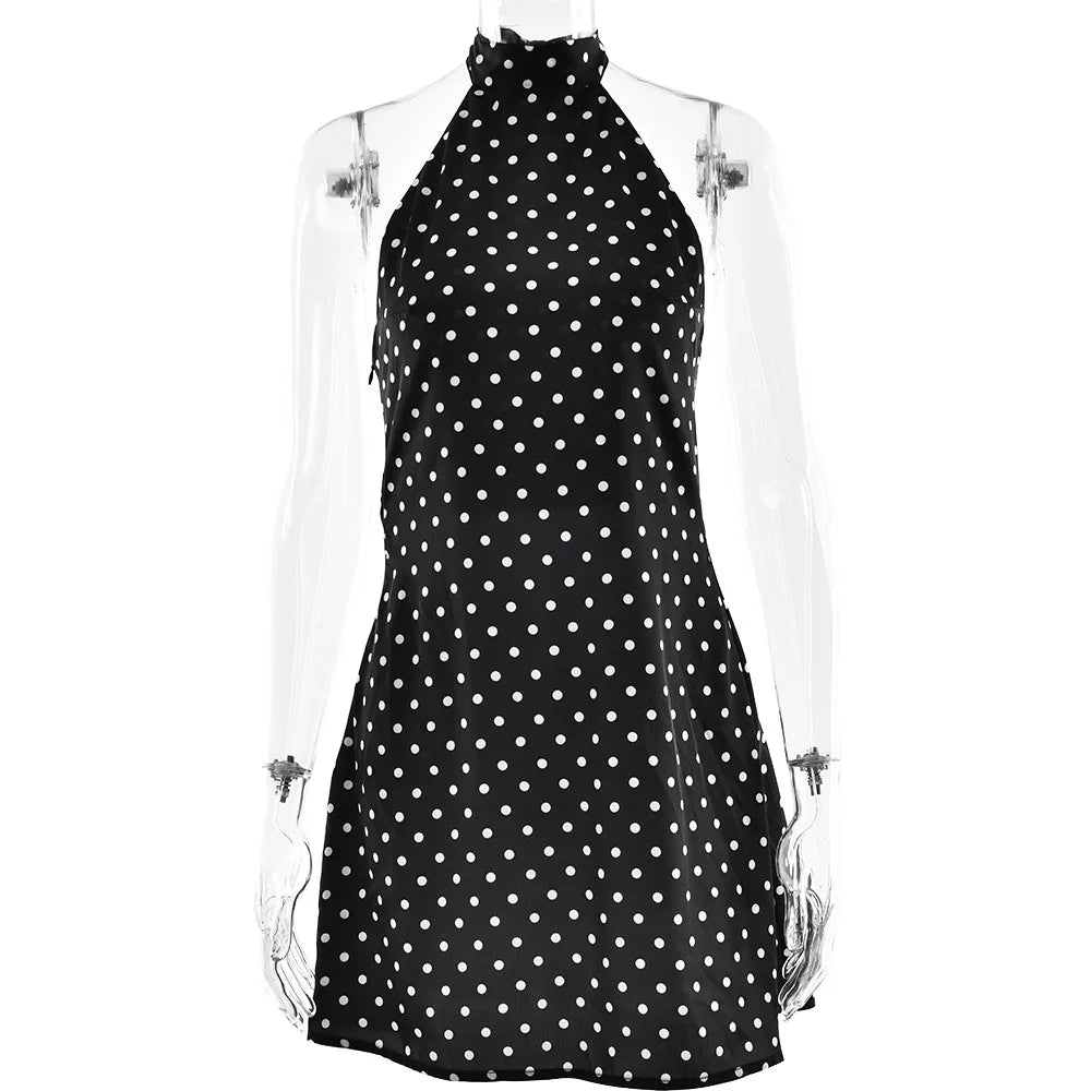 Elegant Dot Halter Satin Backless Mini Dress for Women