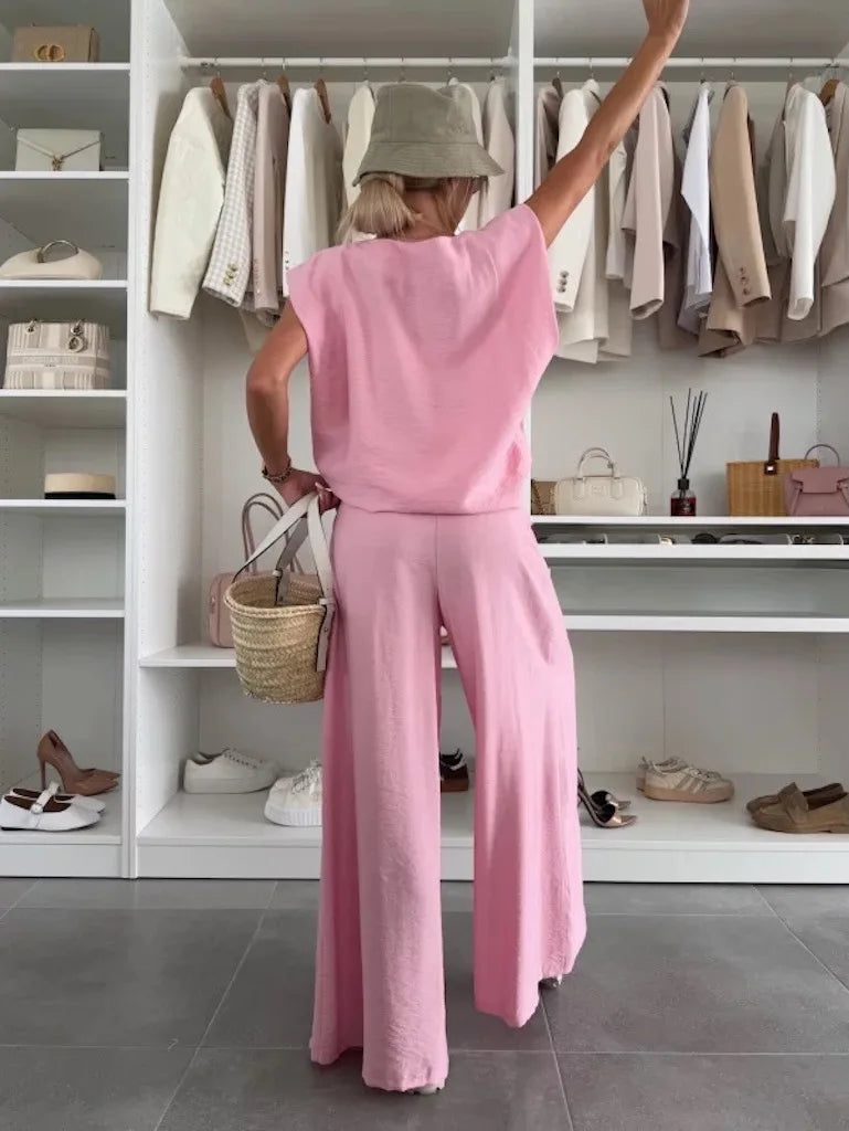 Women's Casual 2-Piece Set Crew Neck Sleeveless Top Wide Leg Pants Set Summer Casual Loungewear Outfit for Travel Vacation