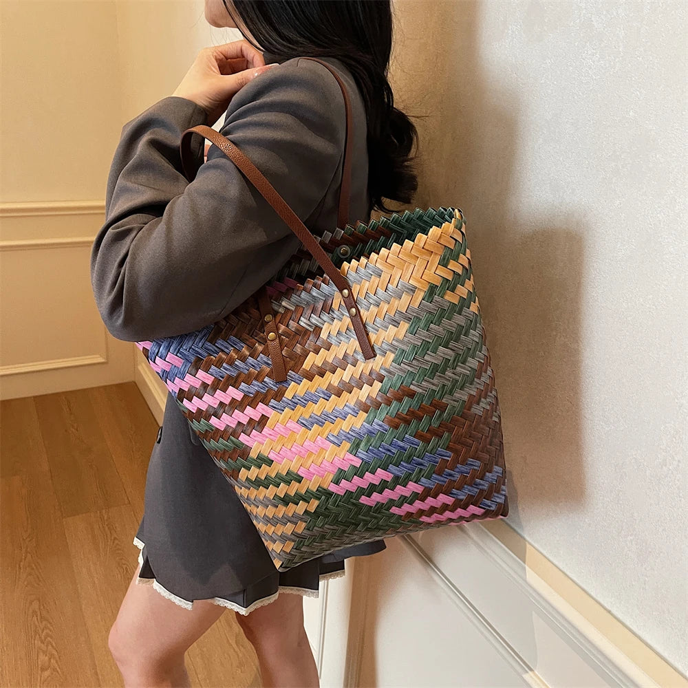 Colorful Braided PVC Tote Bag for Women With Large Capacity
