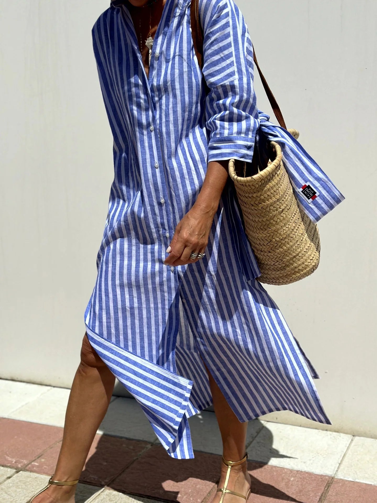 Striped Belted Ankle Length Half Sleeves Lapel Dress for Women