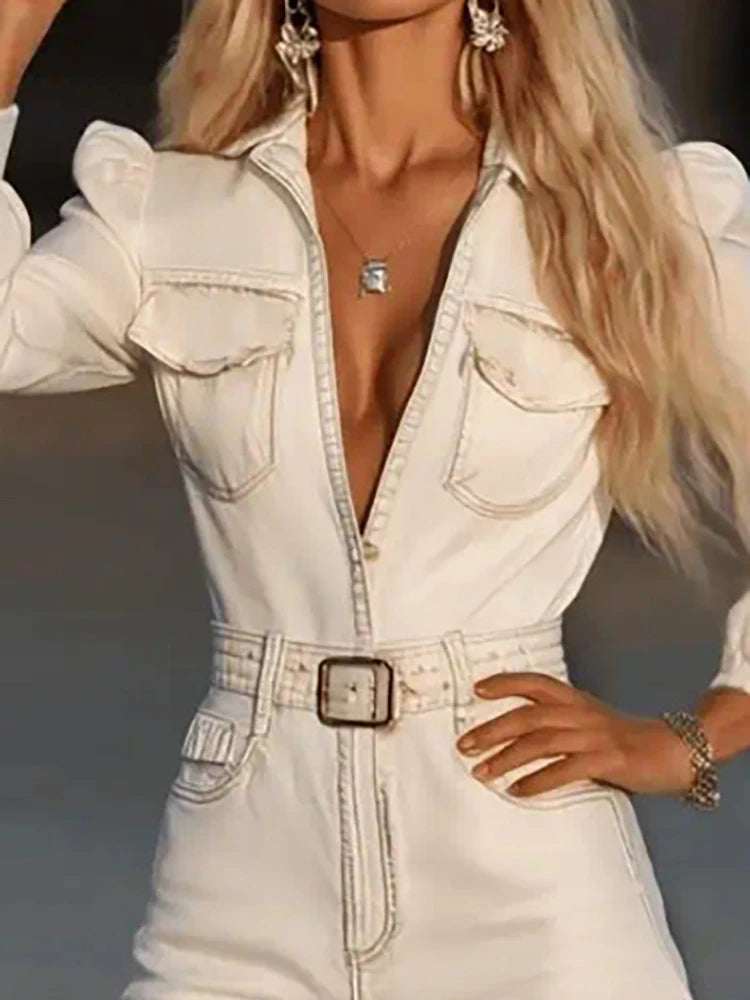 White High Waisted Slim Fit Long Dress Women's Casual Lapel Pocket Commuting Dresses Vintage Fringe Patchwork Desert Short Dress