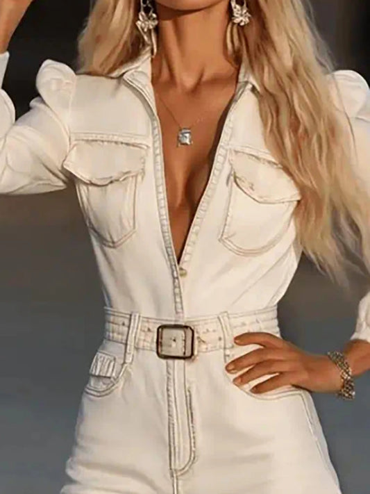 White High Waisted Slim Fit Long Dress Women's Casual Lapel Pocket Commuting Dresses Vintage Fringe Patchwork Desert Short Dress