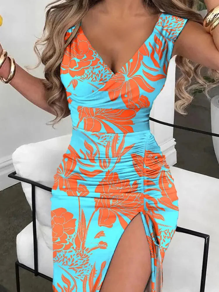 Elegant V-Neck High-Slit Sleeveless Midi Dress for Women