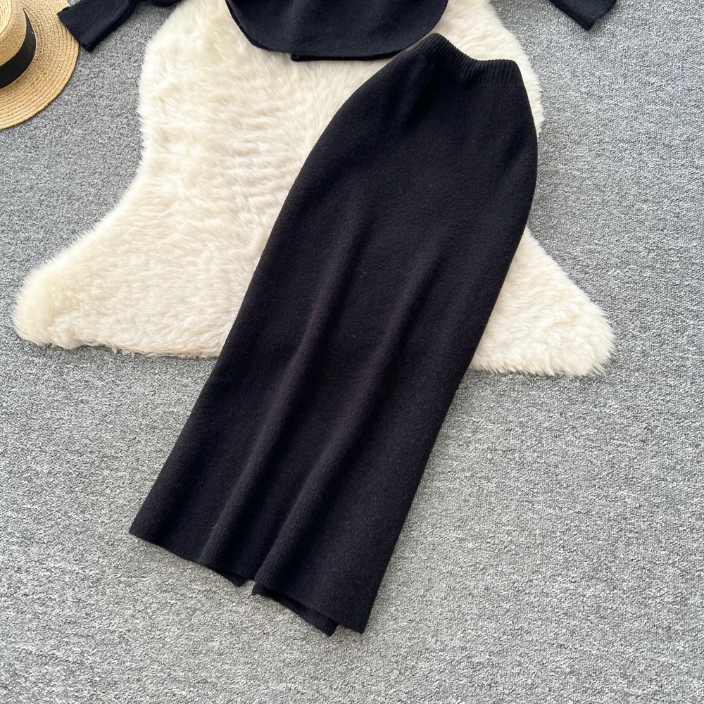Batwing Sleeve Knit Top and High Waist Skirt Set for Women