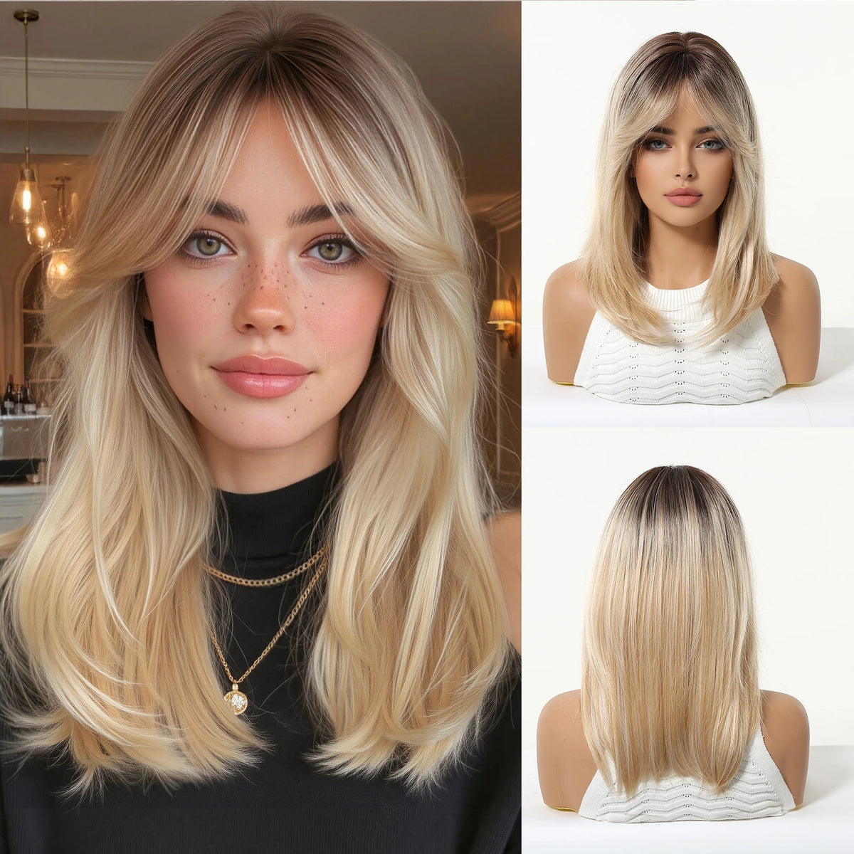 Medium Length Straight Blonde Wig With Bangs for Women