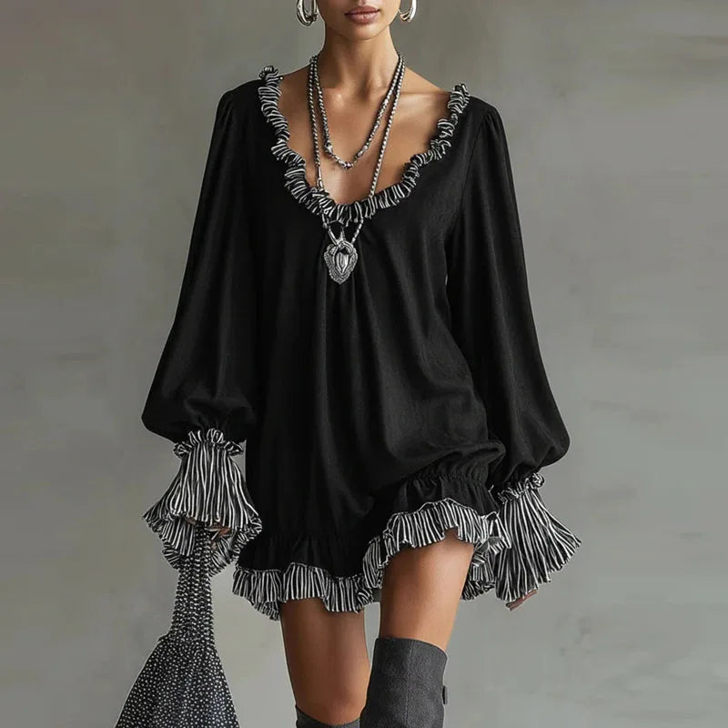 Retro Striped Ruffle Long Sleeve Mini Dress For Women
