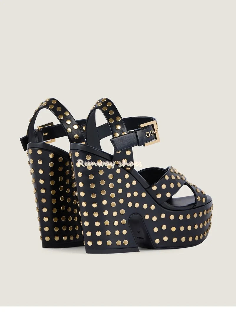 Rivet Open Toe Waterproof Buckle Sandals With Chunky Heel for Women