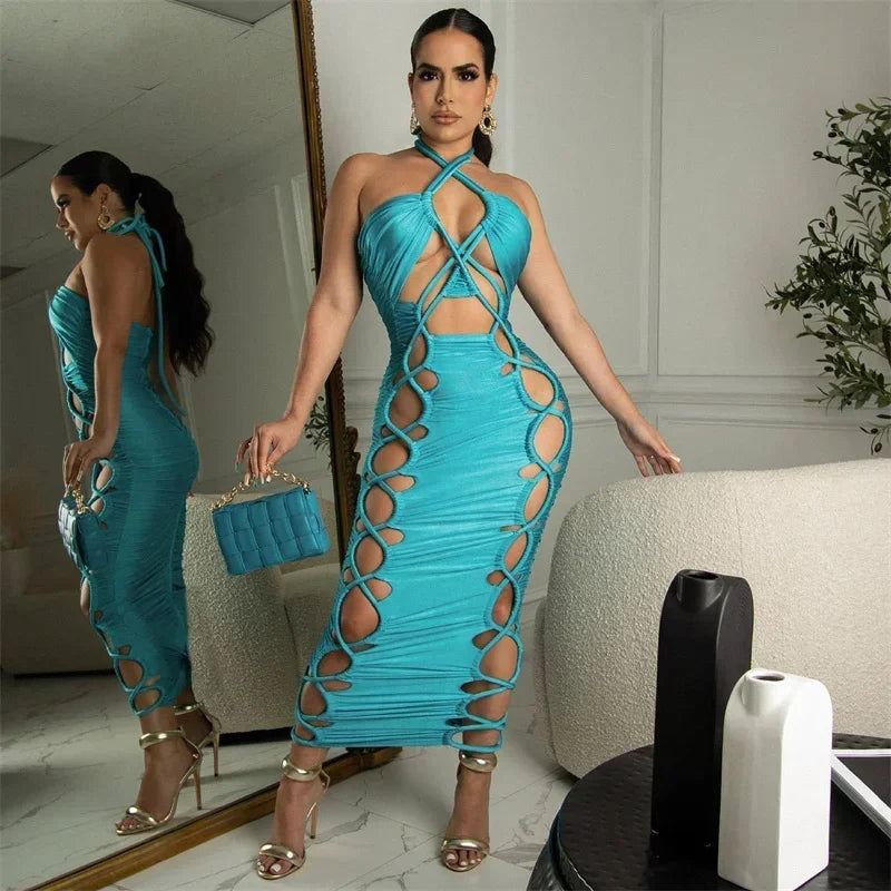 Solid Lace Up Caged Halter Backless Zipper Ruched Midi Dress for Women