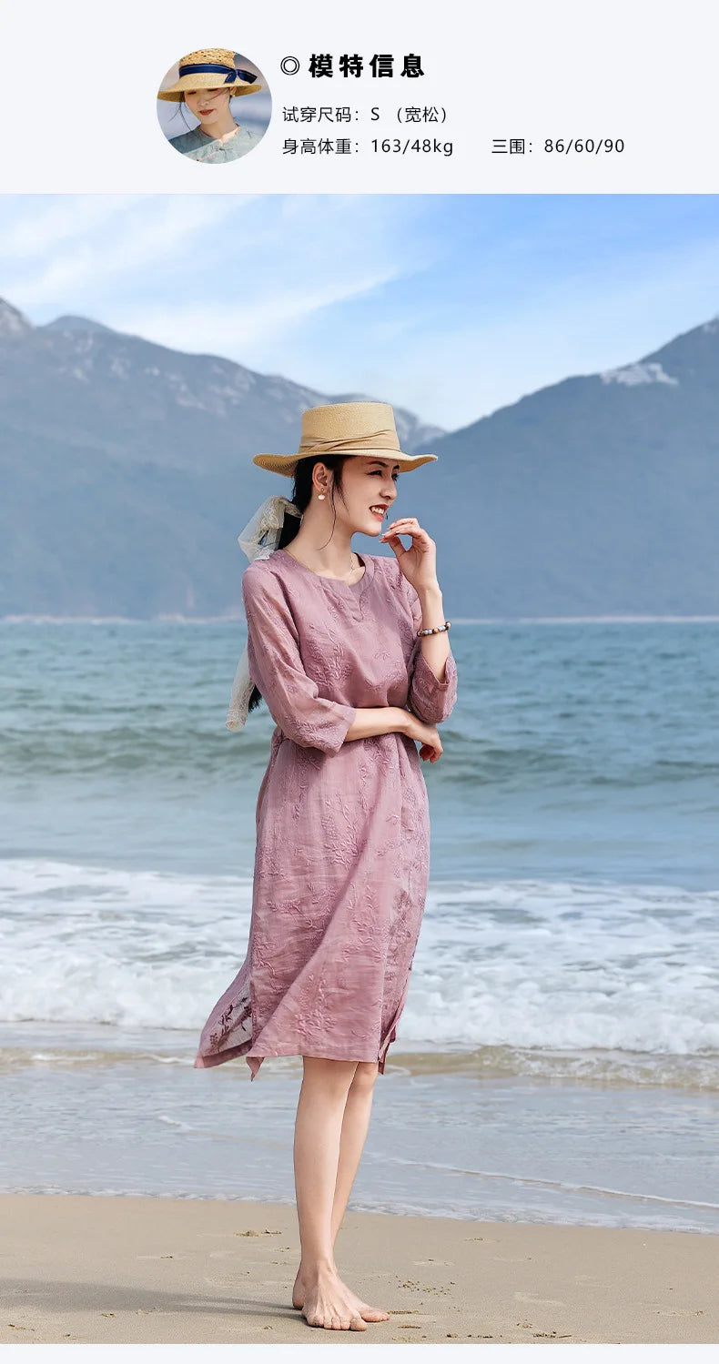 Elegant Embroidered Ramie Linen Knee Length Dress for Women