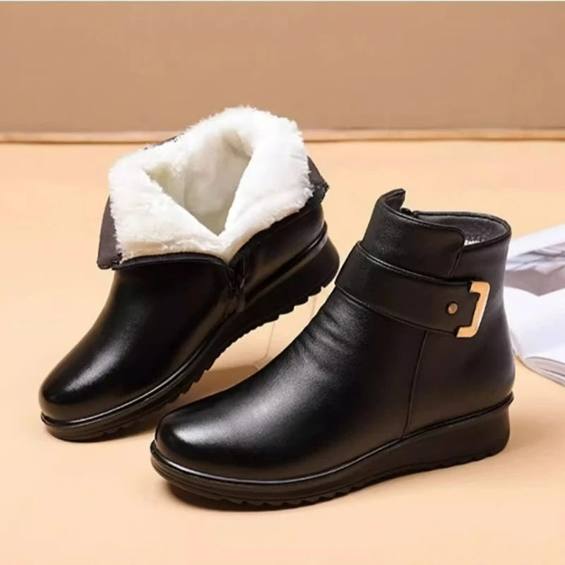 Warm Leather Flat Ankle Boots With Side Zipper for Women