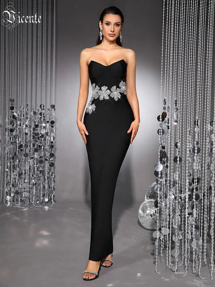 Strapless Crystal Flower Embellished Bodycon Maxi Dress for Women