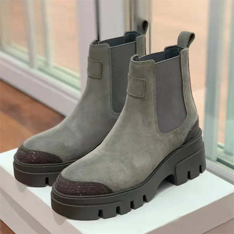 Thick Sole Suede Chelsea Boots With Round Toe For Women