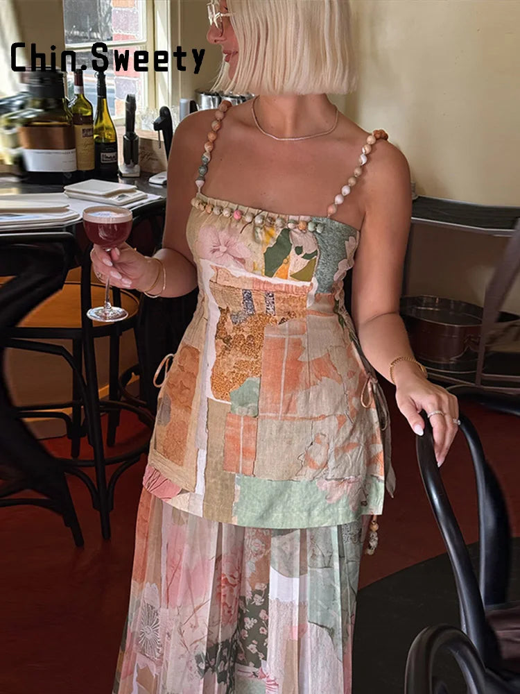 Long Printed Patchwork A-line Beaded Sleeveless Backless Dress for Women