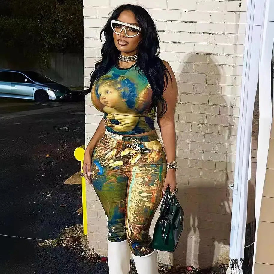 FAGADOER Fashion Print 2 Piece Sets Woman Outfit Oil Painting Sleeveless Crop Top And Pants Female Streetwear Summer Spring New